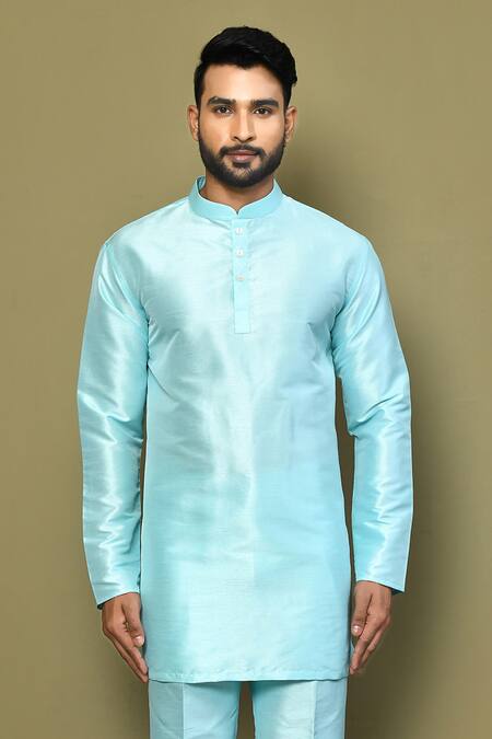 Buy_Arihant Rai Sinha_Blue Silk, Cotton Plain Short Kurta Set_Online_at_Aza_Fashions