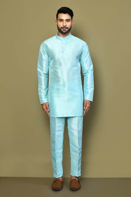 Shop_Arihant Rai Sinha_Blue Silk, Cotton Plain Short Kurta Set_Online_at_Aza_Fashions