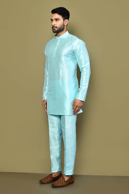 Arihant Rai Sinha_Blue Silk, Cotton Plain Short Kurta Set_at_Aza_Fashions