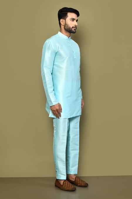 Buy_Arihant Rai Sinha_Blue Silk, Cotton Plain Short Kurta Set