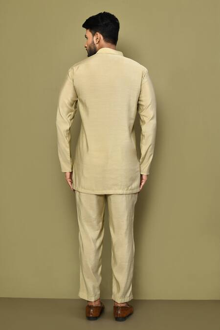 Shop_Arihant Rai Sinha_Beige , Satin Solid Short Kurta Set_at_Aza_Fashions