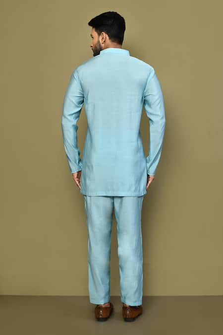 Shop_Arihant Rai Sinha_Blue Silk, Cotton Mandarin Collar Short Kurta Set _at_Aza_Fashions