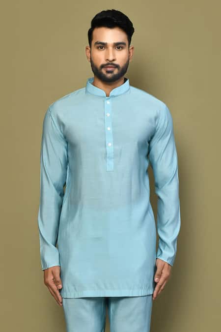 Buy Arihant Rai Sinha Blue Silk, Cotton Mandarin Collar Short Kurta Set Online at Aza Fashions Buy_Arihant Rai Sinha_Blue Silk, Cotton Mandarin Collar Short Kurta Set _Online_at_Aza_Fashions