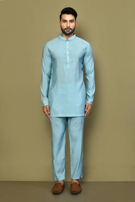 Shop_Arihant Rai Sinha_Blue Silk, Cotton Mandarin Collar Short Kurta Set _Online_at_Aza_Fashions