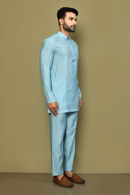 Buy_Arihant Rai Sinha_Blue Silk, Cotton Mandarin Collar Short Kurta Set 