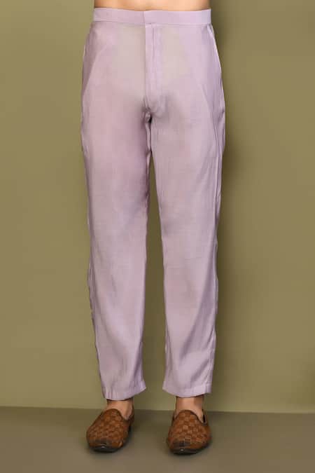 Arihant Rai Sinha_Purple Silk, Cotton Mandarin Collar Plain Short Kurta Set _Online_at_Aza_Fashions