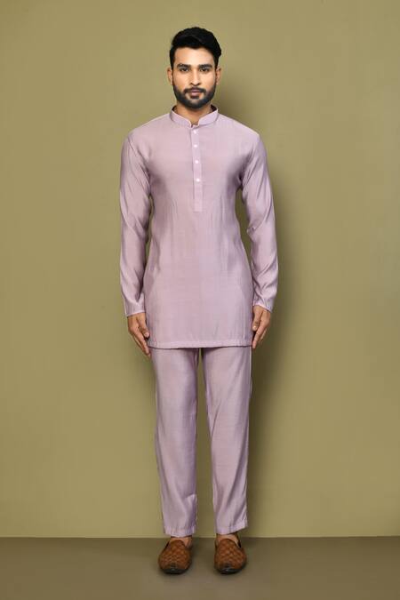 Shop_Arihant Rai Sinha_Purple Silk, Cotton Mandarin Collar Plain Short Kurta Set _Online_at_Aza_Fashions