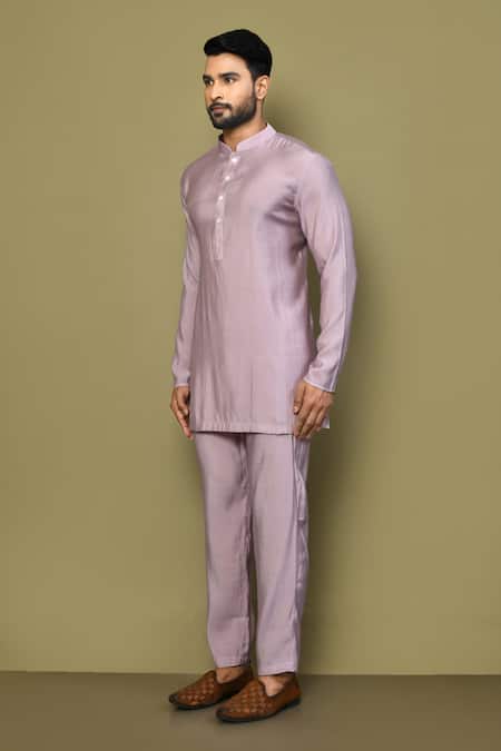 Arihant Rai Sinha_Purple Silk, Cotton Mandarin Collar Plain Short Kurta Set _at_Aza_Fashions