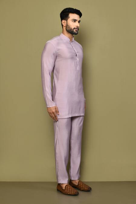 Buy_Arihant Rai Sinha_Purple Silk, Cotton Mandarin Collar Plain Short Kurta Set 