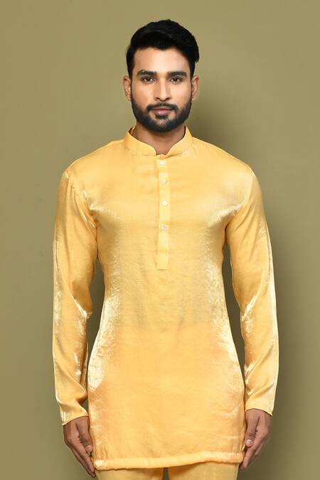 Buy_Arihant Rai Sinha_Yellow Cotton Mandarin Collar Kurta Set _Online_at_Aza_Fashions