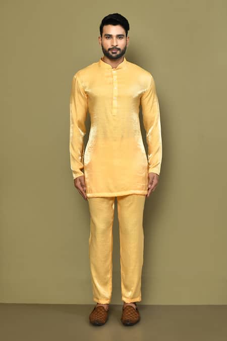 Shop_Arihant Rai Sinha_Yellow Cotton Mandarin Collar Kurta Set _Online_at_Aza_Fashions