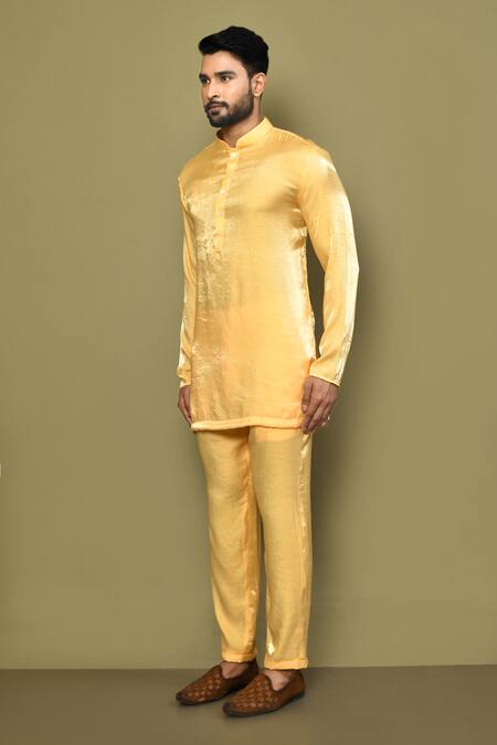 Arihant Rai Sinha_Yellow Cotton Mandarin Collar Kurta Set _at_Aza_Fashions