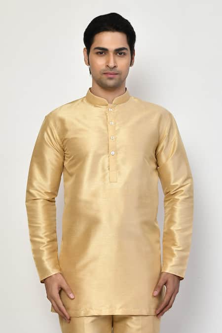 Buy_Arihant Rai Sinha_Gold Silk, Cotton Metallic Short Kurta Set _Online_at_Aza_Fashions