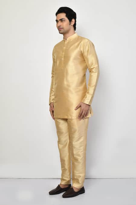 Arihant Rai Sinha_Gold Silk, Cotton Metallic Short Kurta Set _at_Aza_Fashions