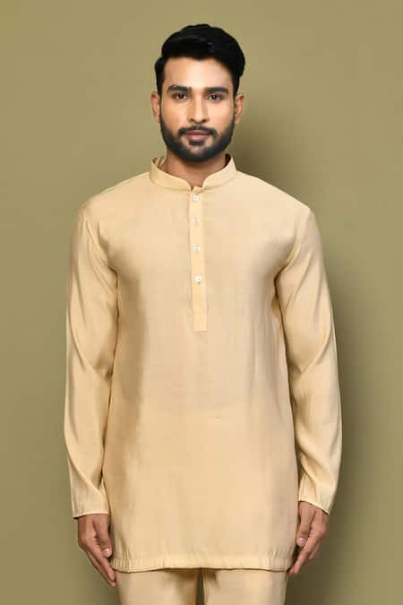 Buy_Arihant Rai Sinha_Gold Silk, Cotton Mandarin Collar Kurta Pant Set _Online_at_Aza_Fashions