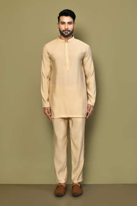 Shop_Arihant Rai Sinha_Gold Silk, Cotton Mandarin Collar Kurta Pant Set _Online_at_Aza_Fashions