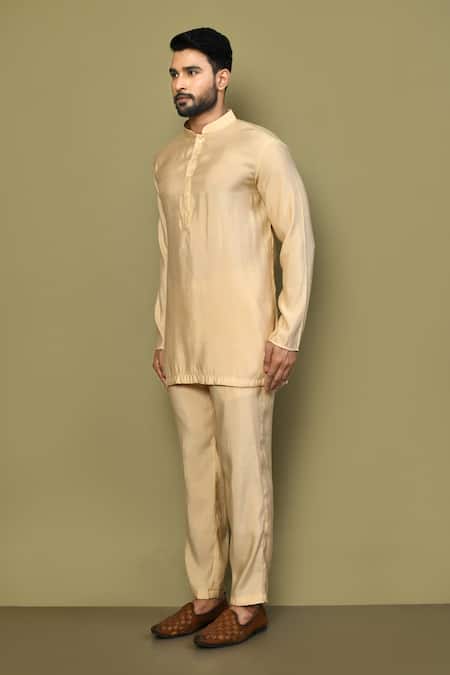 Arihant Rai Sinha_Gold Silk, Cotton Mandarin Collar Kurta Pant Set _at_Aza_Fashions