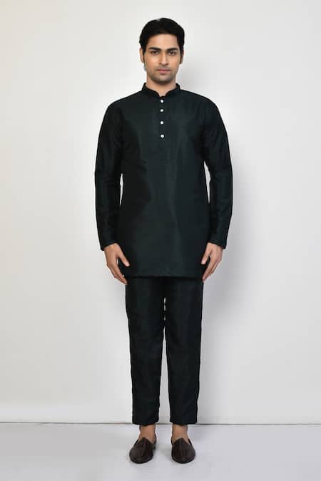 Shop_Arihant Rai Sinha_Black Silk, Cotton Full Sleeve Short Kurta Set _Online_at_Aza_Fashions