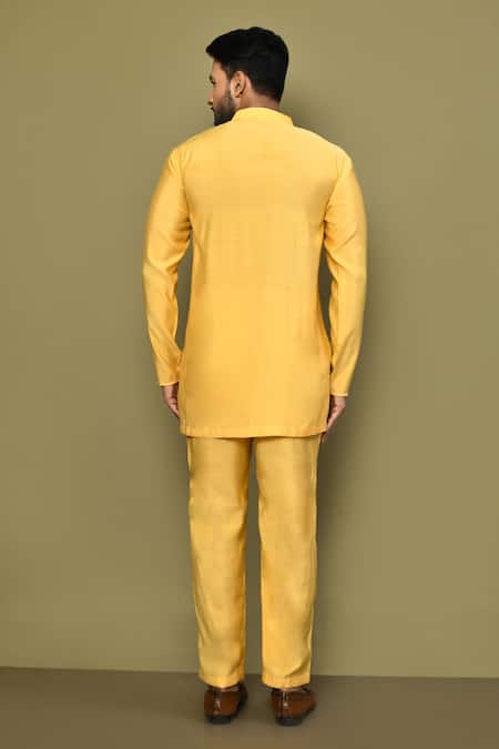 Shop_Arihant Rai Sinha_Yellow Silk, Cotton Full Sleeve Plain Kurta Set _at_Aza_Fashions