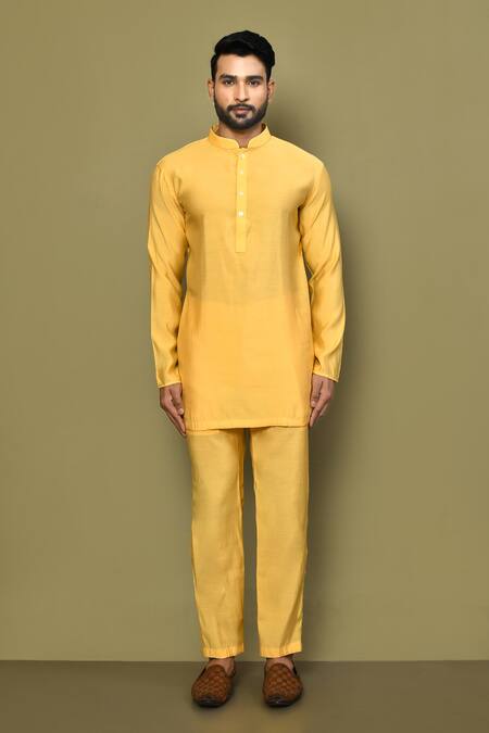 Shop_Arihant Rai Sinha_Yellow Silk, Cotton Full Sleeve Plain Kurta Set _Online_at_Aza_Fashions