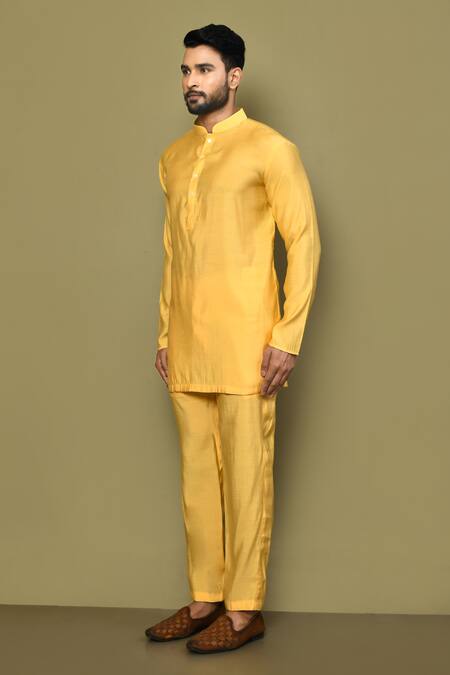Arihant Rai Sinha_Yellow Silk, Cotton Full Sleeve Plain Kurta Set _at_Aza_Fashions