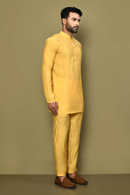 Buy_Arihant Rai Sinha_Yellow Silk, Cotton Full Sleeve Plain Kurta Set 