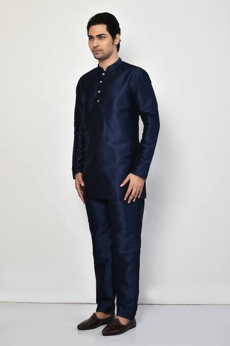 Arihant Rai Sinha_Blue Silk, Cotton Plain Full Sleeve Kurta Set _at_Aza_Fashions