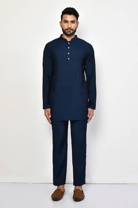 Shop_Arihant Rai Sinha_Blue Silk, Cotton Short Kurta Pant Set _Online_at_Aza_Fashions