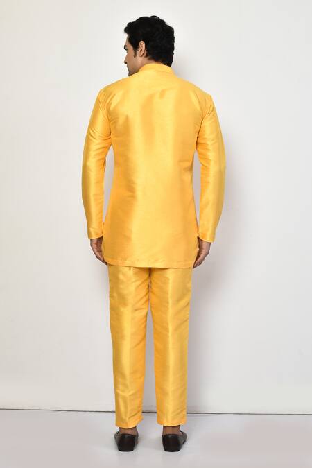 Shop_Arihant Rai Sinha_Yellow Silk, Cotton Mandarin Collar Short Kurta Pant Set _at_Aza_Fashions