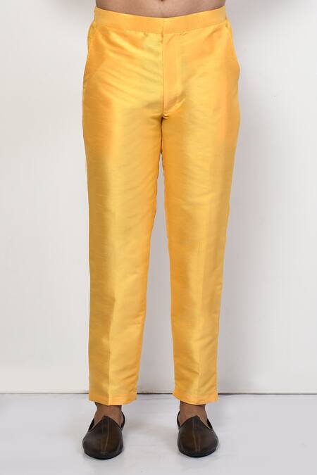 Arihant Rai Sinha_Yellow Silk, Cotton Mandarin Collar Short Kurta Pant Set _Online_at_Aza_Fashions