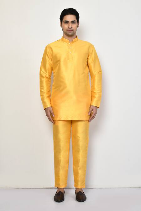 Shop_Arihant Rai Sinha_Yellow Silk, Cotton Mandarin Collar Short Kurta Pant Set _Online_at_Aza_Fashions