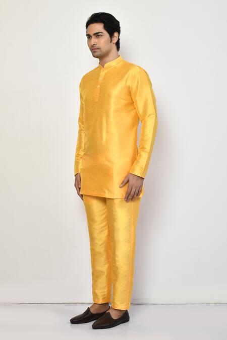 Arihant Rai Sinha_Yellow Silk, Cotton Mandarin Collar Short Kurta Pant Set _at_Aza_Fashions