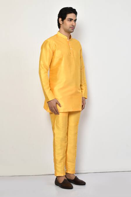 Buy_Arihant Rai Sinha_Yellow Silk, Cotton Mandarin Collar Short Kurta Pant Set 