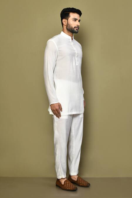 Buy_Arihant Rai Sinha_White Silk, Cotton Straight Short Kurta Pant Set 