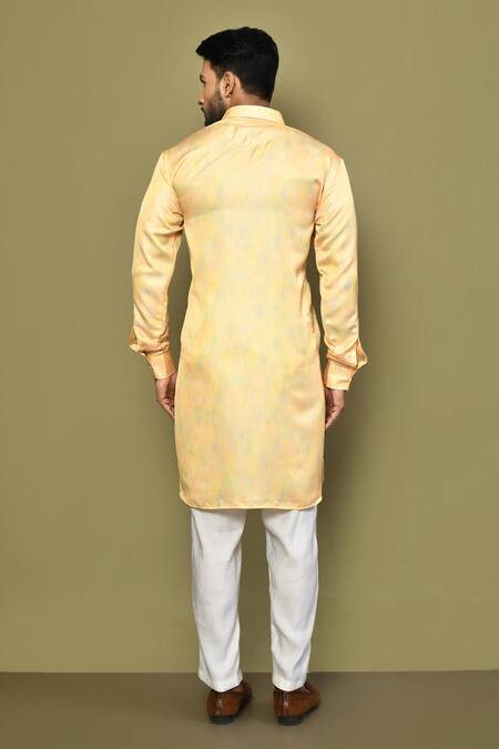 Shop_Arihant Rai Sinha_Yellow Satin, Cotton Diamond Pattern Kurta With Pant_at_Aza_Fashions