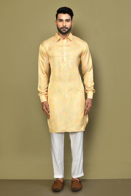 Buy_Arihant Rai Sinha_Yellow Satin, Cotton Diamond Pattern Kurta With Pant_Online_at_Aza_Fashions