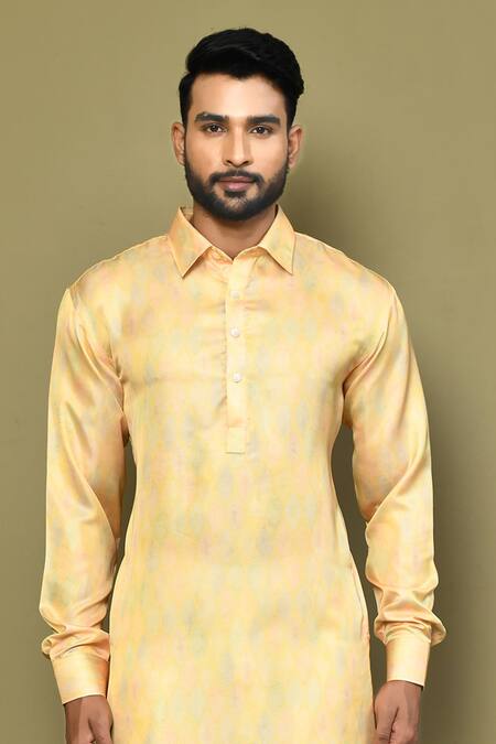 Shop Arihant Rai Sinha Yellow Satin, Cotton Diamond Pattern Kurta With Pant Online at Aza Fashions Shop_Arihant Rai Sinha_Yellow Satin, Cotton Diamond Pattern Kurta With Pant_Online_at_Aza_Fashions