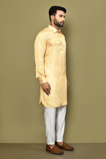 Arihant Rai Sinha_Yellow Satin, Cotton Diamond Pattern Kurta With Pant_at_Aza_Fashions