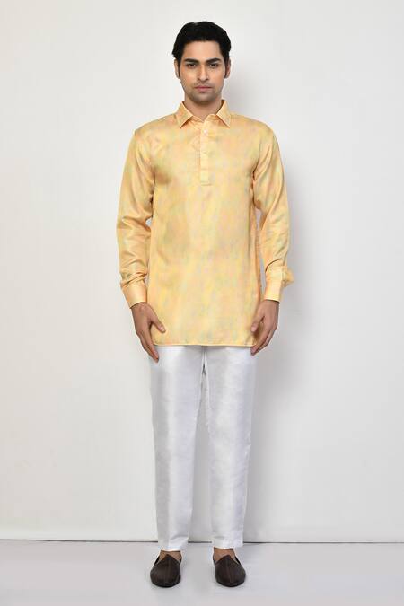 Buy_Arihant Rai Sinha_Yellow Satin, Cotton Diamond Pattern Short Kurta With Pant _Online_at_Aza_Fashions
