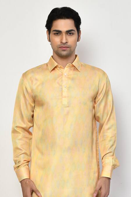Shop Arihant Rai Sinha Yellow Satin, Cotton Diamond Pattern Short Kurta With Pant Online at Aza Fashions Shop_Arihant Rai Sinha_Yellow Satin, Cotton Diamond Pattern Short Kurta With Pant _Online_at_Aza_Fashions