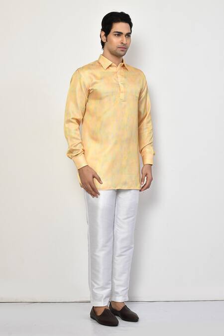 Arihant Rai Sinha_Yellow Satin, Cotton Diamond Pattern Short Kurta With Pant _at_Aza_Fashions