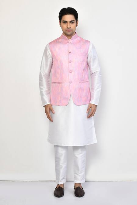 Buy_Arihant Rai Sinha_Pink Satin, Cotton Diamond Print Bundi Kurta Set_Online_at_Aza_Fashions