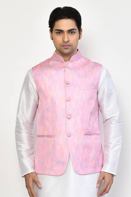 Shop Arihant Rai Sinha Pink Satin, Cotton Diamond Print Bundi Kurta Set Online at Aza Fashions Shop_Arihant Rai Sinha_Pink Satin, Cotton Diamond Print Bundi Kurta Set_Online_at_Aza_Fashions