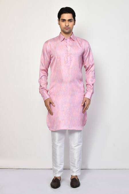 Buy_Arihant Rai Sinha_Pink Satin, Cotton Diamond Pattern Long Kurta With Pant_Online_at_Aza_Fashions