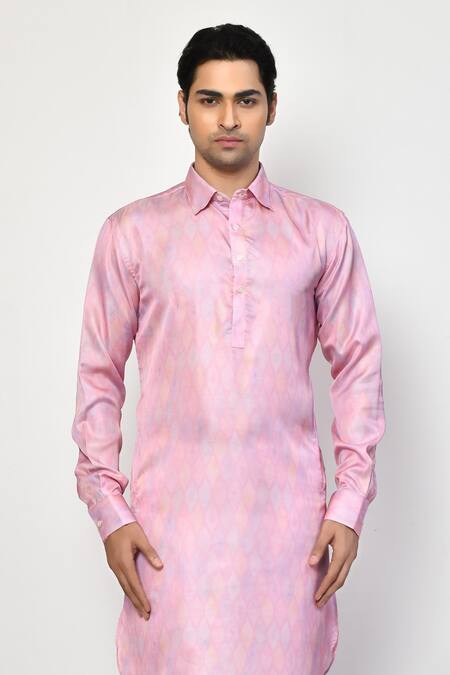 Shop Arihant Rai Sinha Pink Satin, Cotton Diamond Pattern Long Kurta With Pant Online at Aza Fashions Shop_Arihant Rai Sinha_Pink Satin, Cotton Diamond Pattern Long Kurta With Pant_Online_at_Aza_Fashions