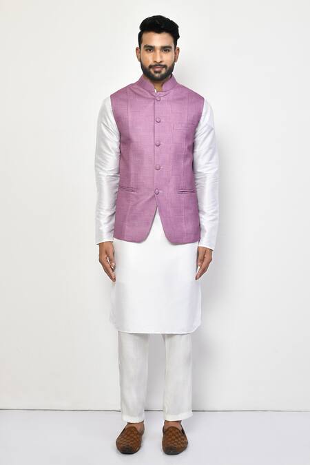 Buy_Arihant Rai Sinha_Purple Cotton Lavender Geometric Pattern Bundi Kurta Set_Online_at_Aza_Fashions