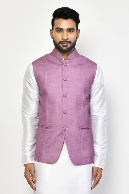 Shop Arihant Rai Sinha Purple Cotton Lavender Geometric Pattern Bundi Kurta Set Online at Aza Fashions Shop_Arihant Rai Sinha_Purple Cotton Lavender Geometric Pattern Bundi Kurta Set_Online_at_Aza_Fashions