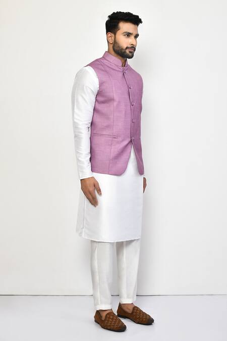 Arihant Rai Sinha_Purple Cotton Lavender Geometric Pattern Bundi Kurta Set_at_Aza_Fashions