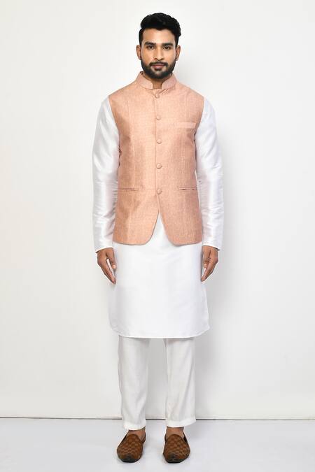 Buy_Arihant Rai Sinha_Peach Silk, Cotton Embroidery Paisley Pattern Bundi Kurta Set_Online_at_Aza_Fashions