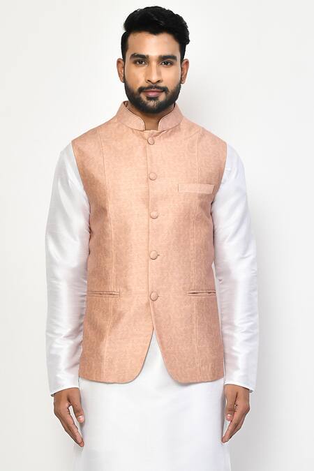 Shop_Arihant Rai Sinha_Peach Silk, Cotton Embroidery Paisley Pattern Bundi Kurta Set_Online_at_Aza_Fashions